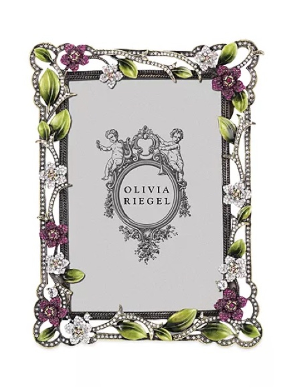 Olivia Riegel Rhinestone Floral Picture Frame Green Leaves and  Purple Flowers